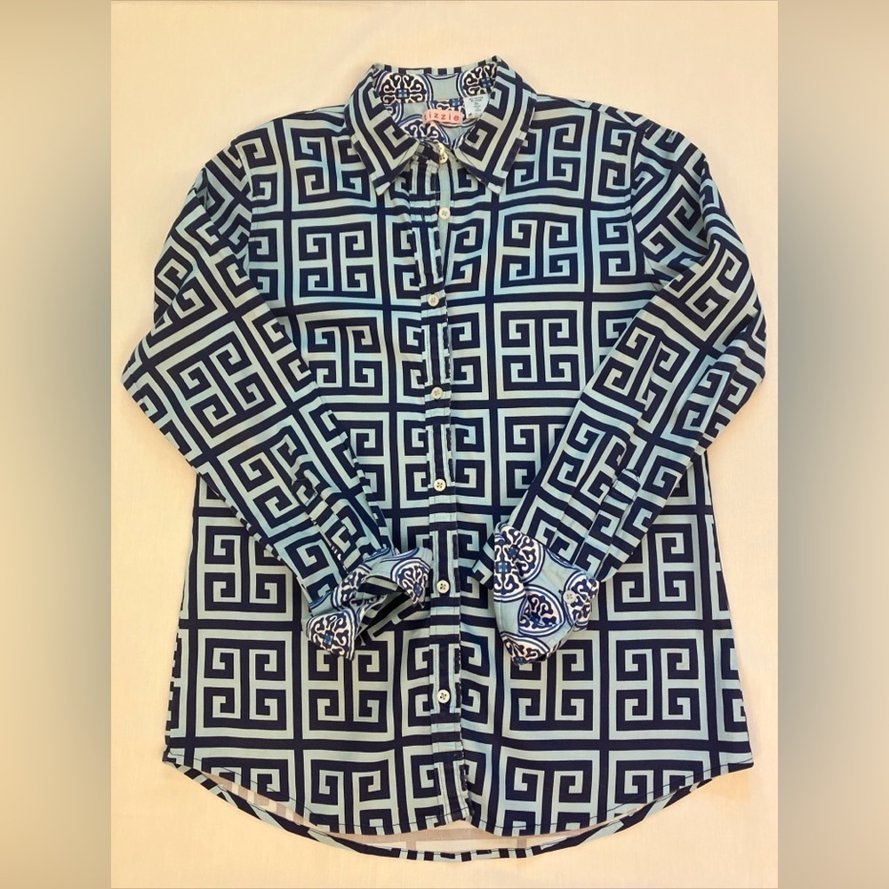 Tizzie Long Sleeve Button Down Geometric Blue Top Women's XL Contrast Trim
